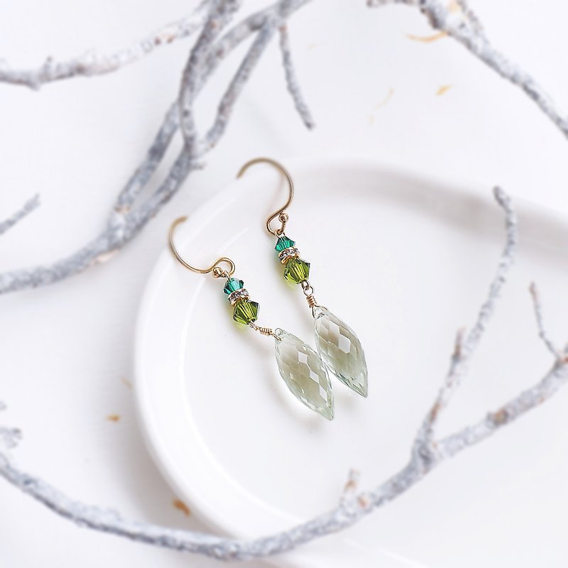 Top-transparent natural stone shiny cut green crystal olive shape elegant temperament 14K GF earrings - Earrings & Clip-ons - Gemstone Green