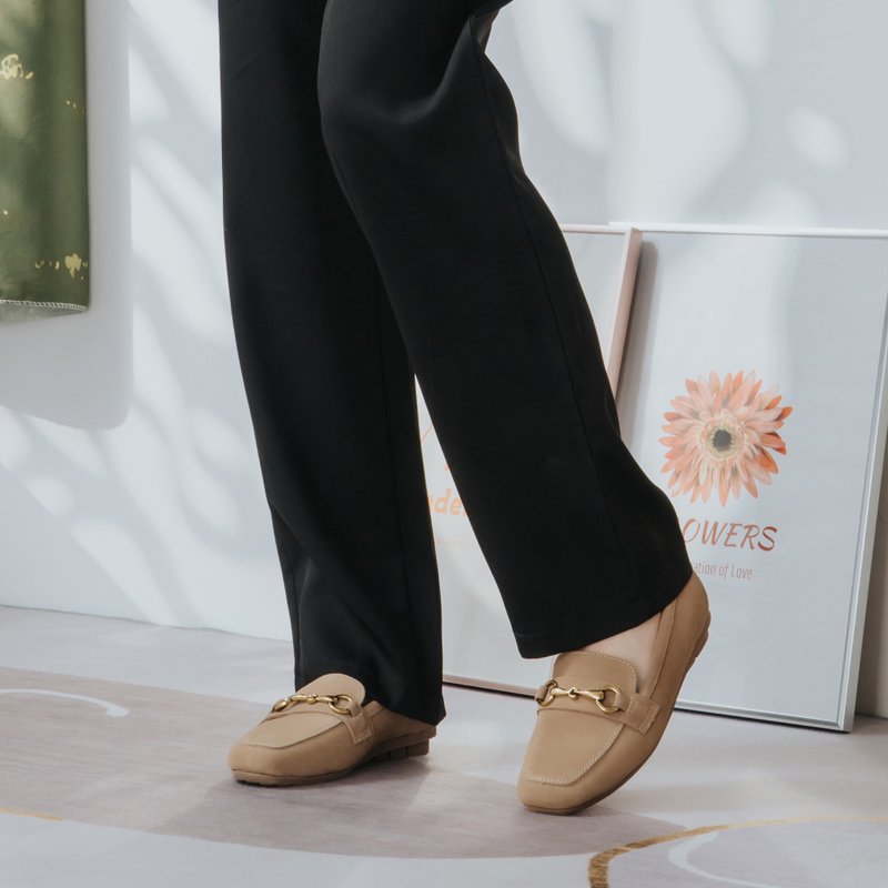 【氣質優雅】MIT氣質淑女鞋。真皮。裸杏絨7521 - 娃娃鞋/平底鞋 - 真皮 卡其色