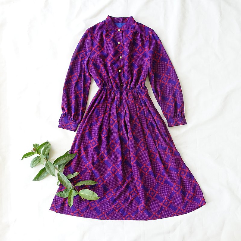BajuTua /古著/紫紅色輕飄飄雪紡格紋洋裝 - 洋裝/連身裙 - 聚酯纖維 紫色