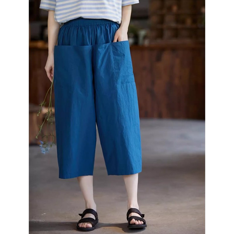 Blue and cotton elastic waist watermelon pants - Women's Pants - Cotton & Hemp 