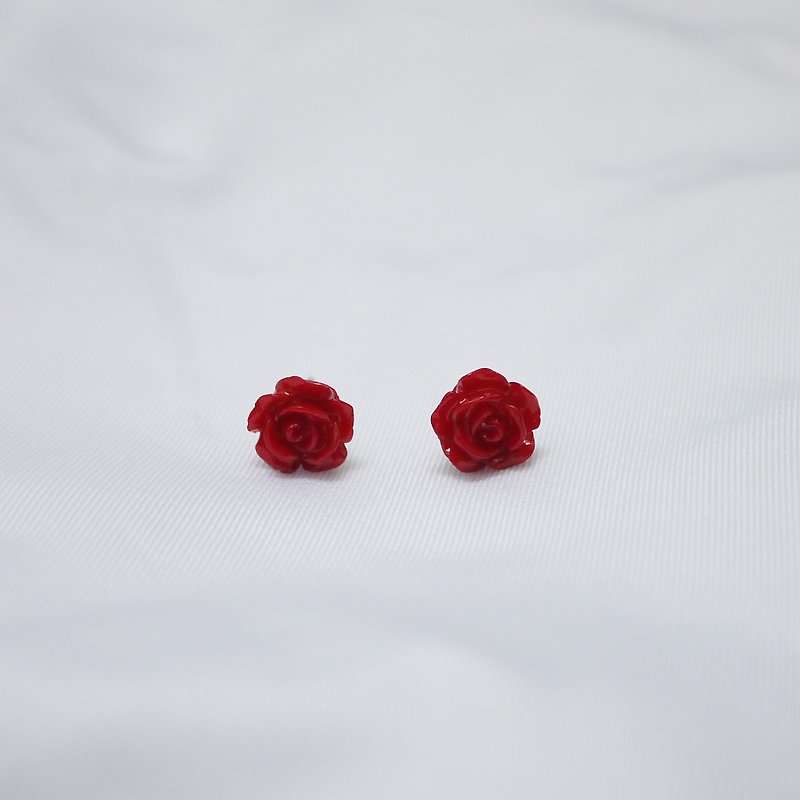 簡約優雅紅玫瑰耳飾 - 耳環/耳夾 - 塑膠 紅色
