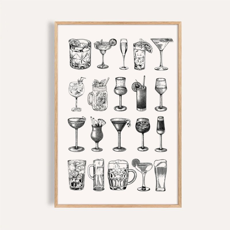 黑白插畫 掛畫 海報 / 經典酒杯 Vintage Glassware Collection - 海報/掛畫/掛布 - 紙 