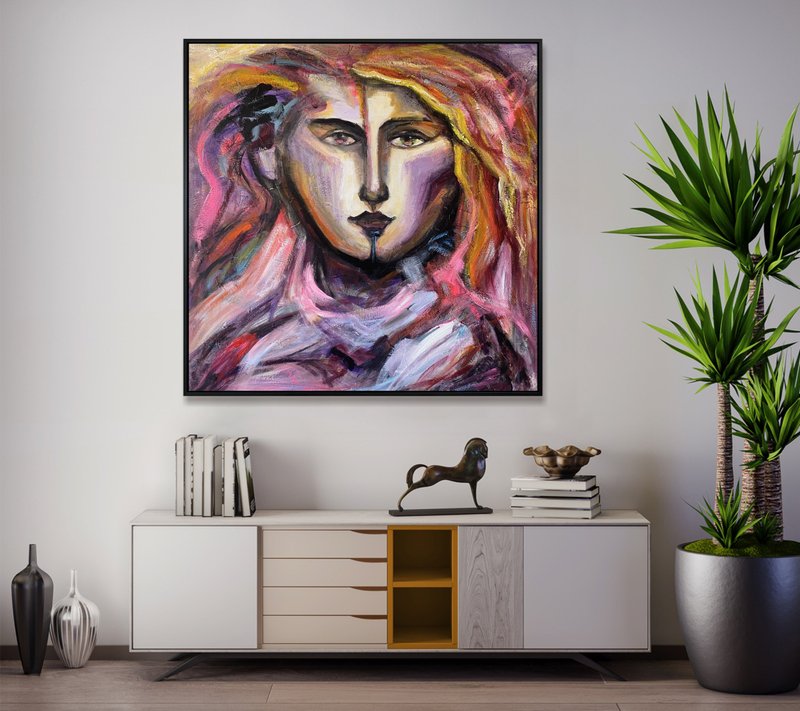 Large Modern Colorful Canvas Abstract Female Cubist Portrait Art - 壁貼/牆壁裝飾 - 壓克力 多色