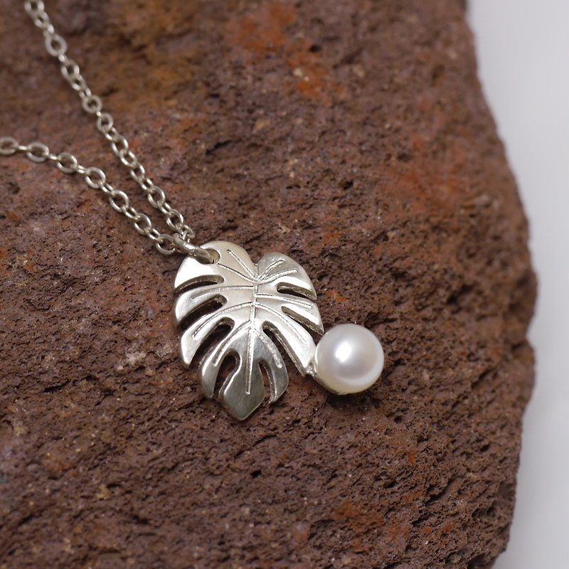 龜背芋珍珠項鍊 - 925純銀植物項鍊 免費禮物包裝 - 項鍊 - 純銀 銀色