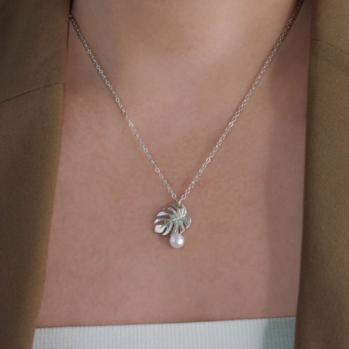 Enchant Jewelry 龜背芋珍珠項鍊 - 925純銀植物項鍊 免費禮物包裝