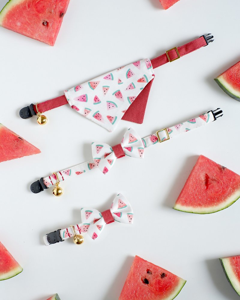 Tropicana : Watermelon - ฺBreakaway cat collar with Bandana or Bow-tie - Collars & Leashes - Eco-Friendly Materials Red