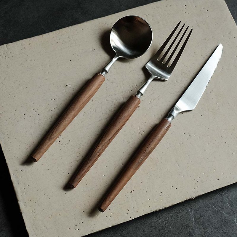 手工柚木質勺子家用湯勺子叉子餐具套裝304不鏽鋼復古西餐刀日式 - 餐具/刀叉湯匙 - 木頭 