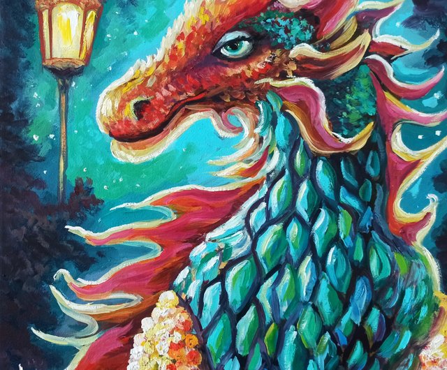 キャンバスに描かれたドラゴンの油絵 抽象的オリジナルアート 手描き