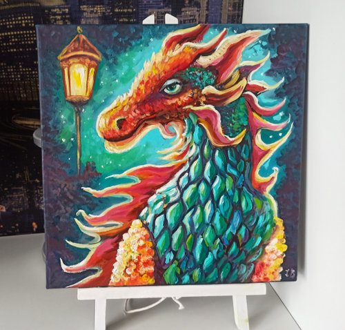 キャンバスに描かれたドラゴンの油絵 抽象的オリジナルアート 手描き