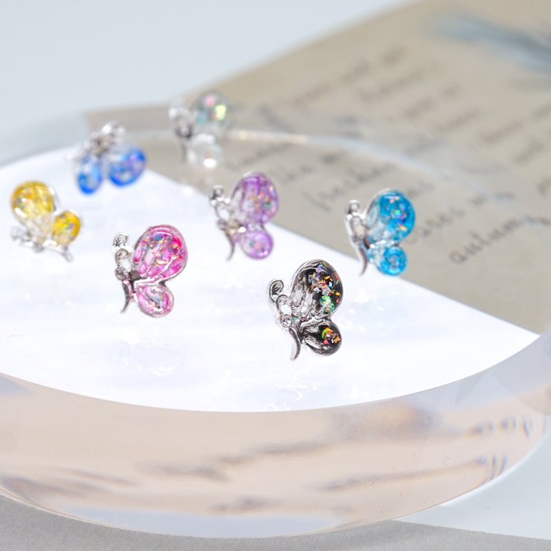 Transparent Bling Butterfly Hypoallergenic Silicone Pierced Earring - ต่างหู - เงินแท้ หลากหลายสี