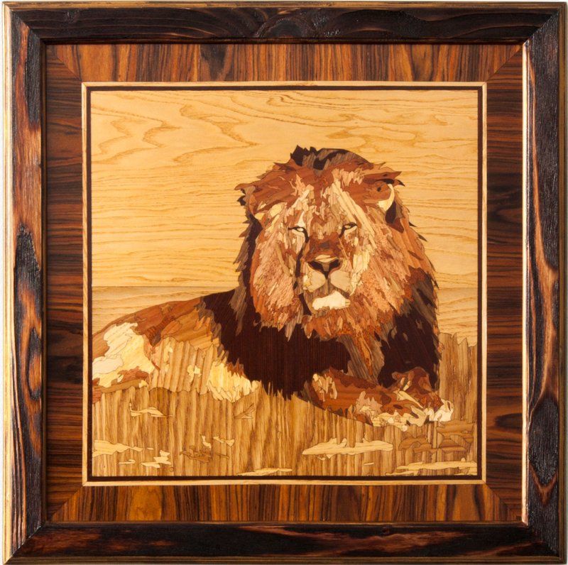 Lion safari africa wood mosaic portrait eco gift inlay framed panel wall - Wall Décor - Wood Orange