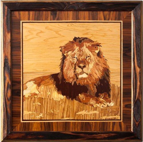 Woodins Lion safari africa wood mosaic portrait eco gift inlay framed panel wall