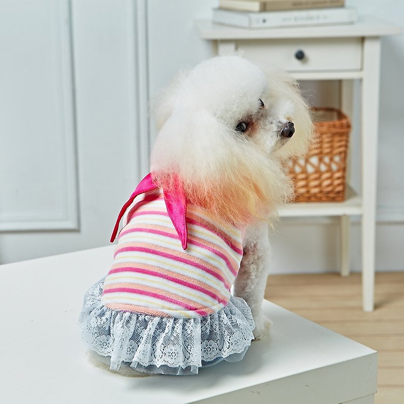 寵物衣服 海軍領條紋蕾絲洋裝 - 寵物衣服 - 棉．麻 粉紅色