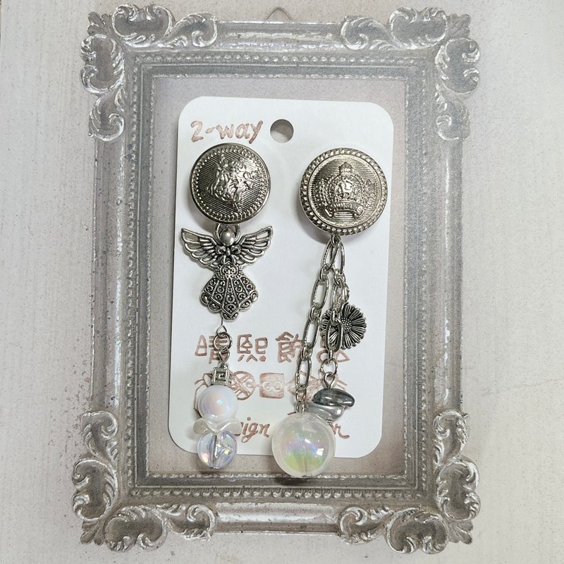 wow handmade 復古鈕扣 2way 耳環・銀色垂墜設計 - 耳環/耳夾/耳骨夾 - 其他材質 