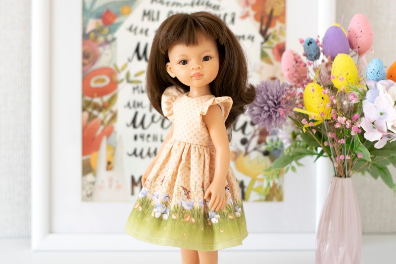 Easter cotton dress for 33 cm/13 inch dolls Paola Reina, Siblies RRFF, Corolle - ของเล่นเด็ก - ผ้าฝ้าย/ผ้าลินิน สีทอง