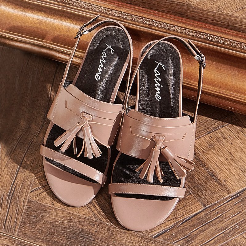 Brown full leather one-piece low-heeled sandals with tassels - รองเท้ารัดส้น - หนังแท้ 