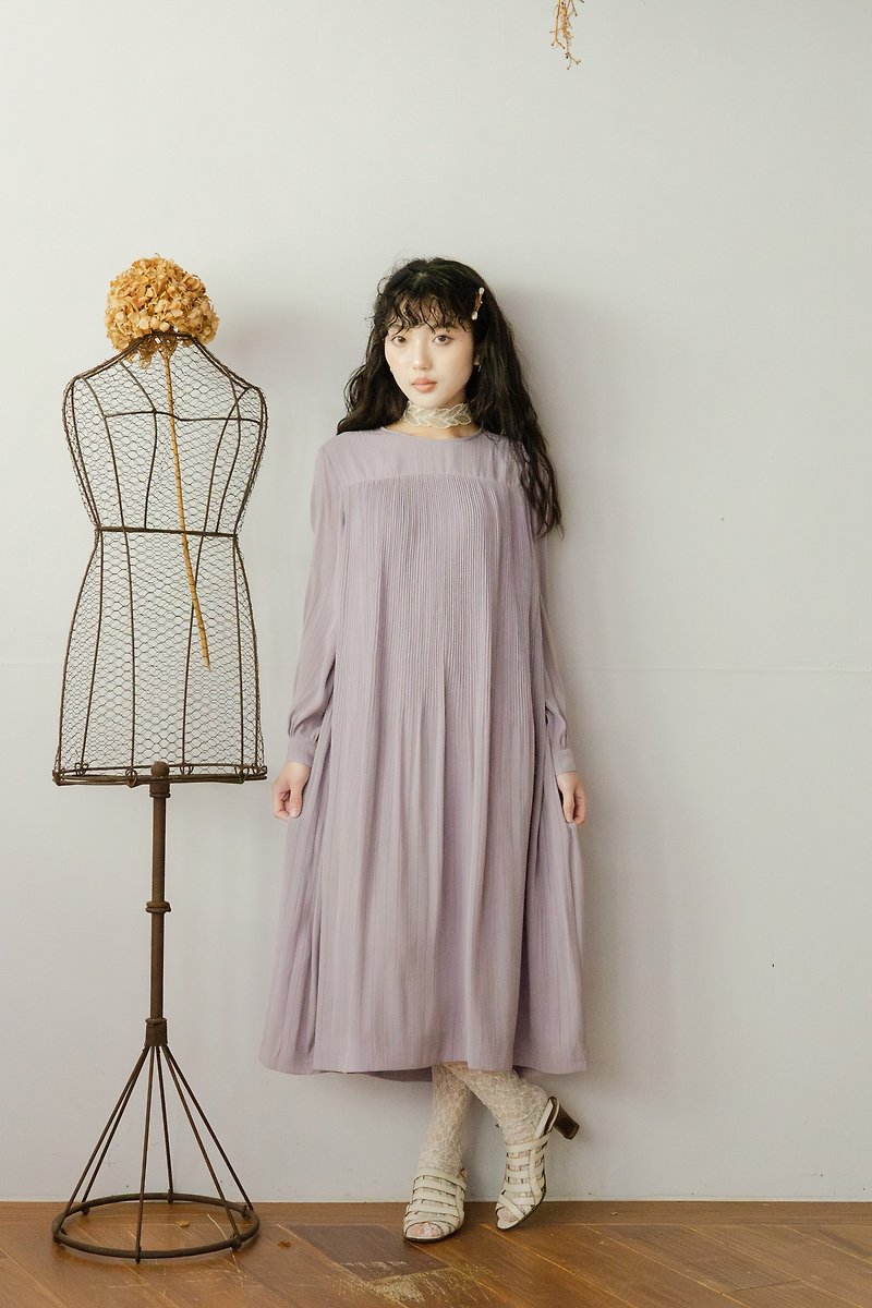 Niao Niao Department Store-Vintage lilac round neck crease dark pattern dress - One Piece Dresses - Polyester 