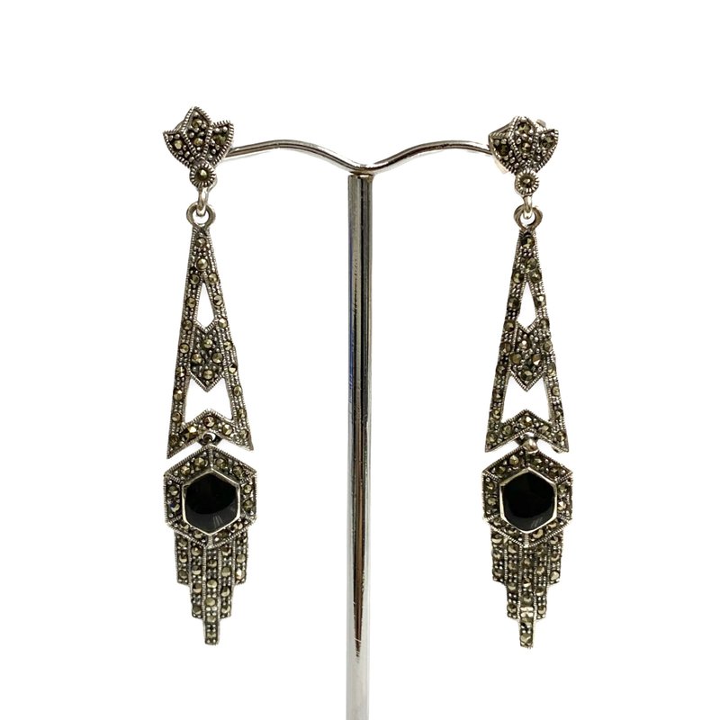 Art Deco Style Black Onyx and Marcasite Set Pendant Earrings 925 Sterling Silver - 耳環/耳夾/耳骨夾 - 純銀 銀色