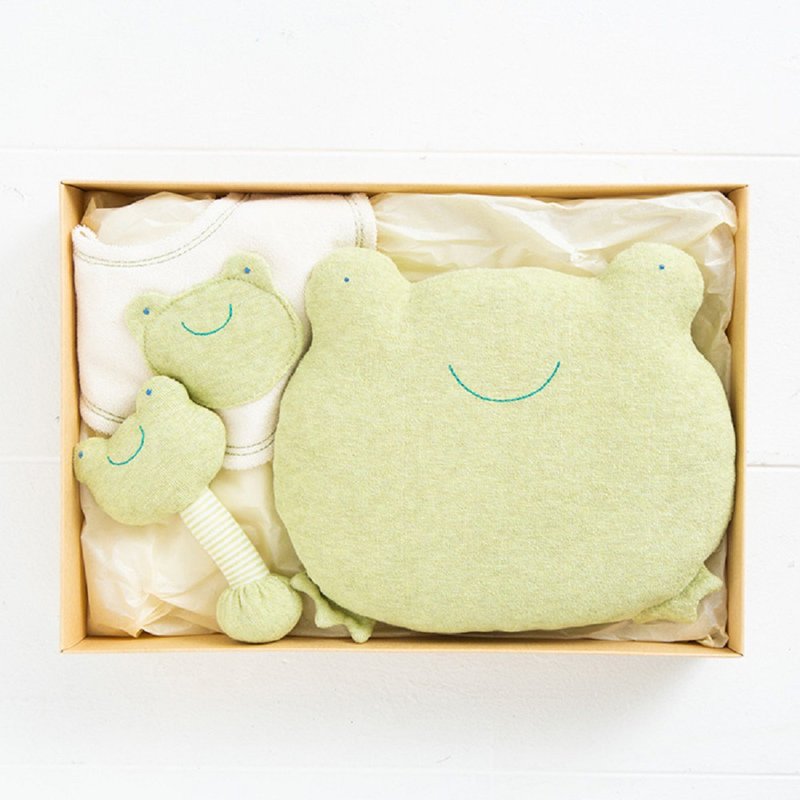 [Pinkoi exclusive] Gift set KA-2 Frog collection 100% organic cotton bib, rattle, and baby pillow 3-piece set for baby showers Made in Japan - Baby Gift Sets - Cotton & Hemp Green