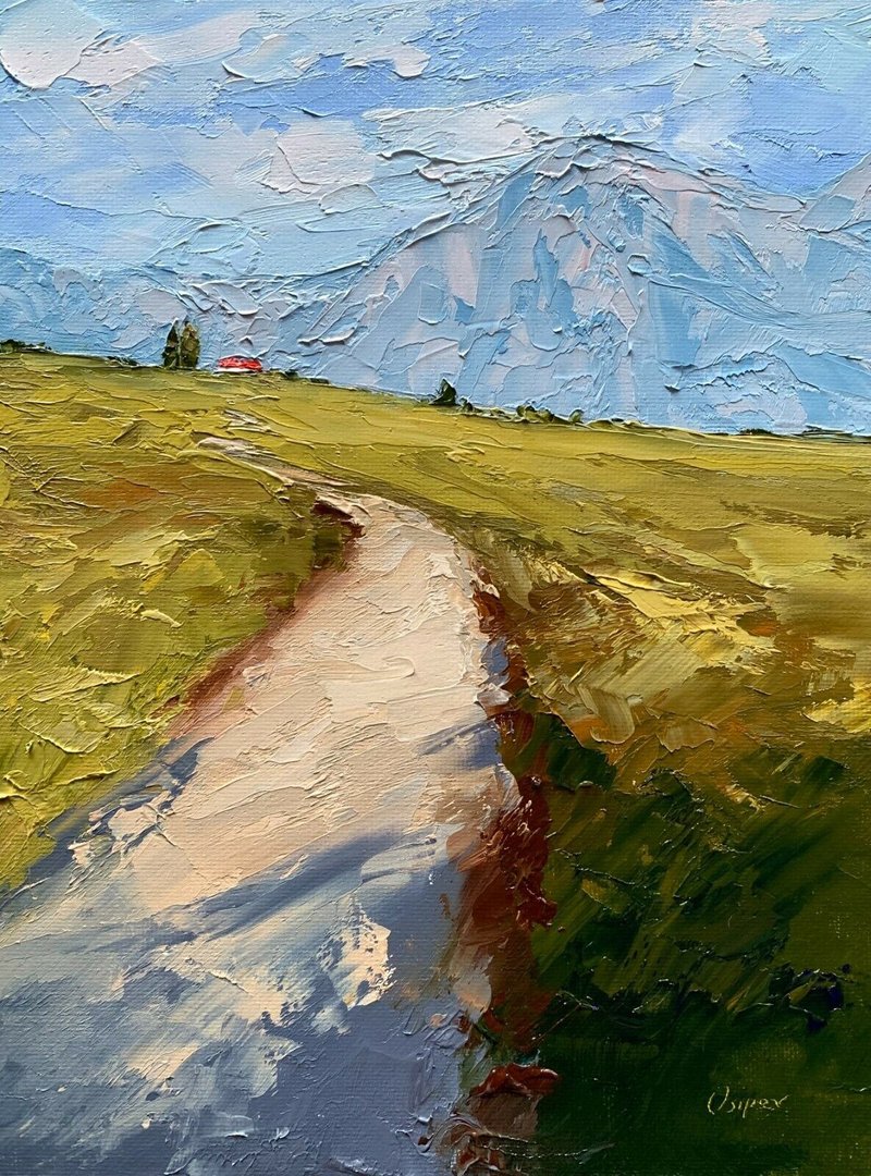 Original Landscape Mountains Oil Painting On Canvas Green Field Impasto Artwork - 壁貼/牆壁裝飾 - 棉．麻 多色