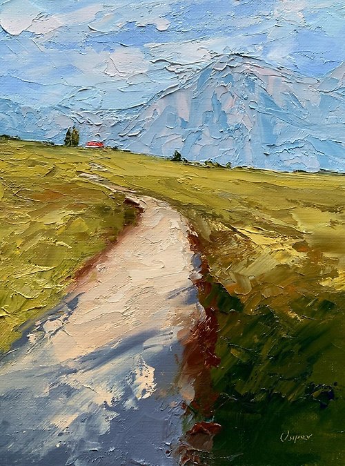 OsipovArtStudio Original Landscape Mountains Oil Painting On Canvas Green Field Impasto Artwork