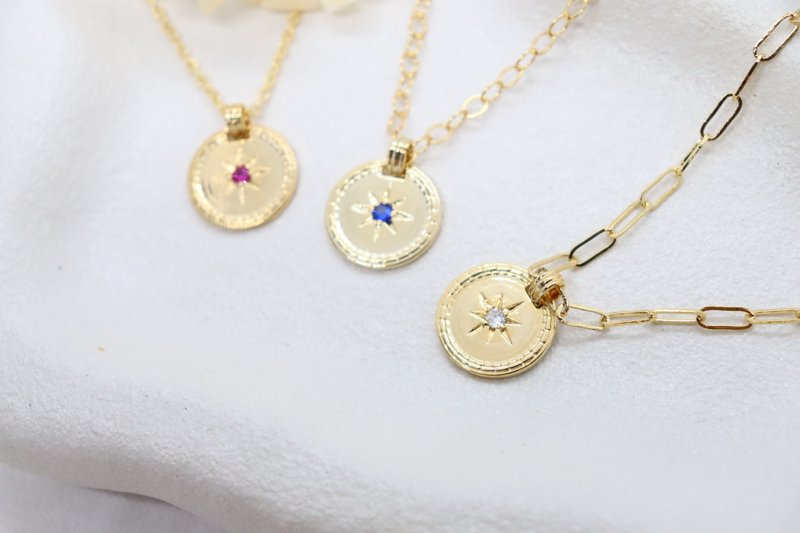 Gold Cubic Zirconia North Star Necklace Night Sky Blue, Pink, White Star Pendant - 項鍊 - 銅/黃銅 金色