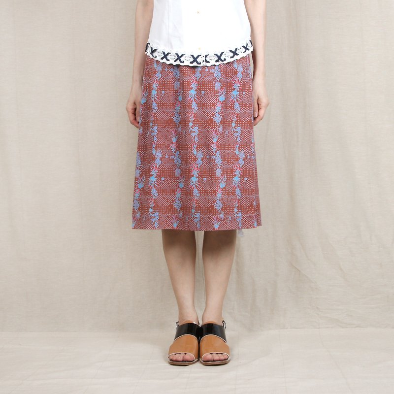 [Egg plant ancient] blue and red flowers printed skirt - Skirts - Polyester Red