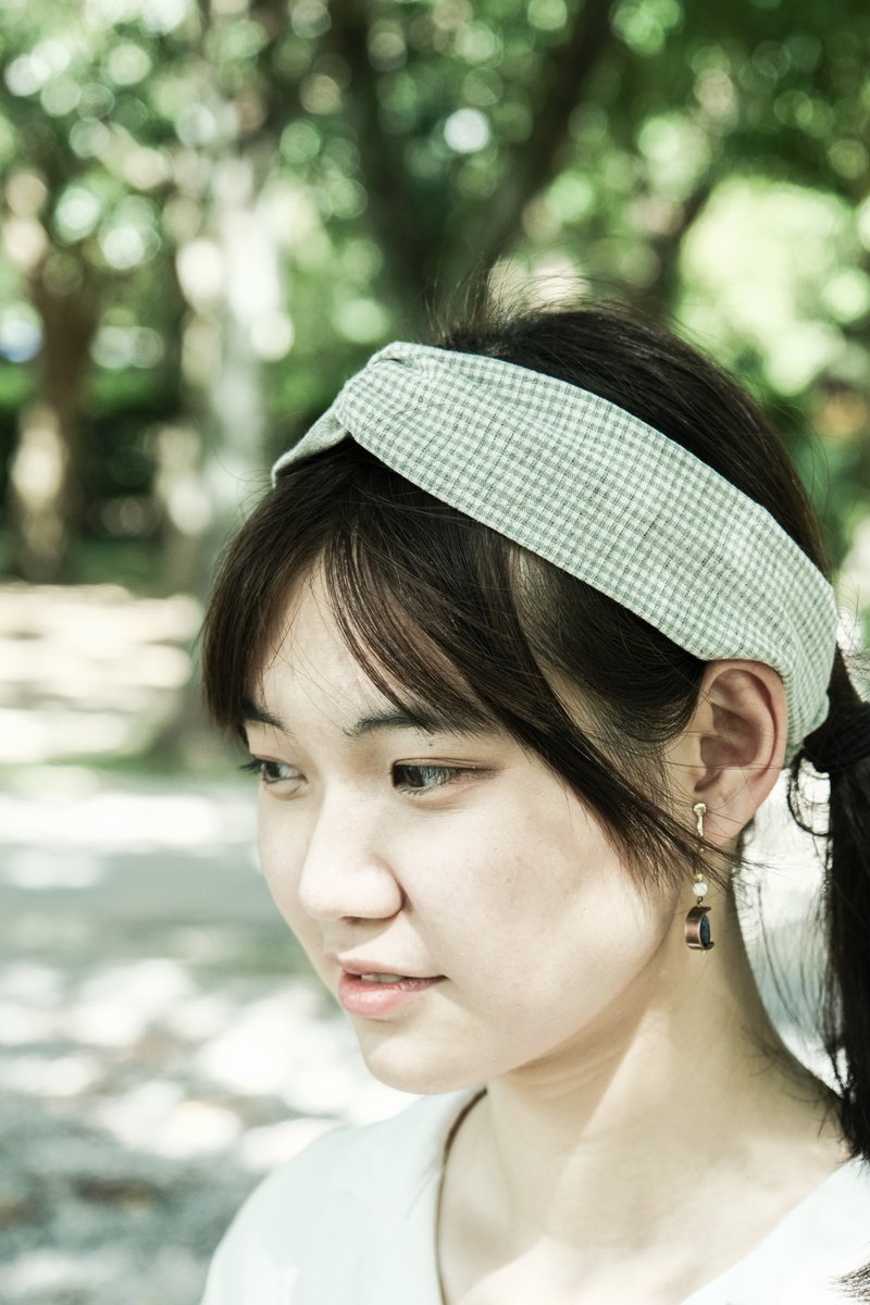 Cross hairband [green/green plaid] - เครื่องประดับผม - ผ้าฝ้าย/ผ้าลินิน สีเทา