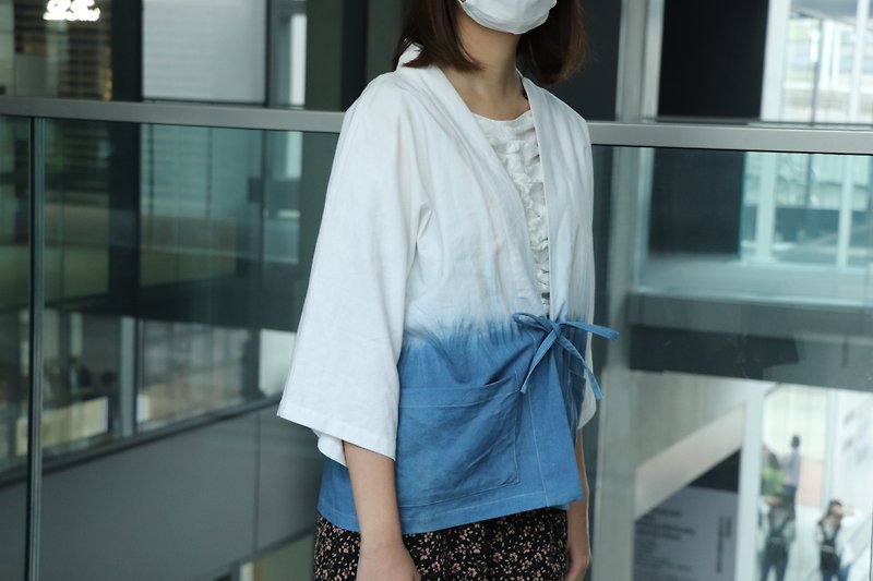 Mountain plant blue dyed Indigo Kimino mid-sleeve kimono jacket - Women's Casual & Functional Jackets - Cotton & Hemp Blue
