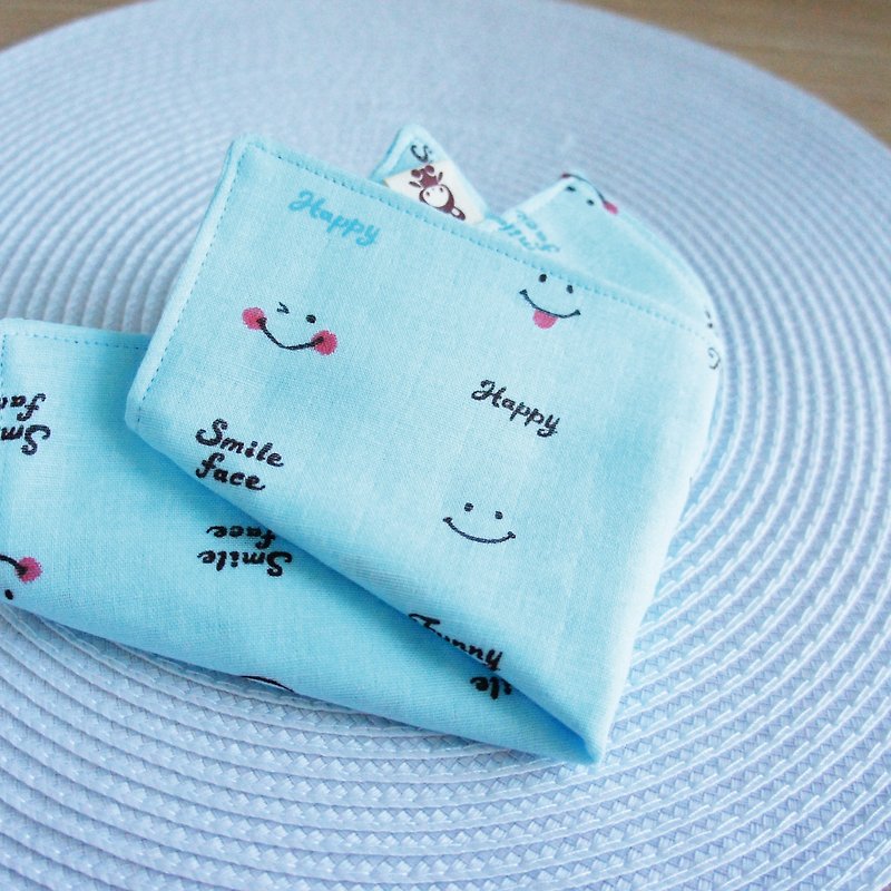 Lovely【日本二重紗】微笑Happy手帕、手巾、口水巾【粉藍】E - 圍兜/口水巾 - 棉．麻 藍色