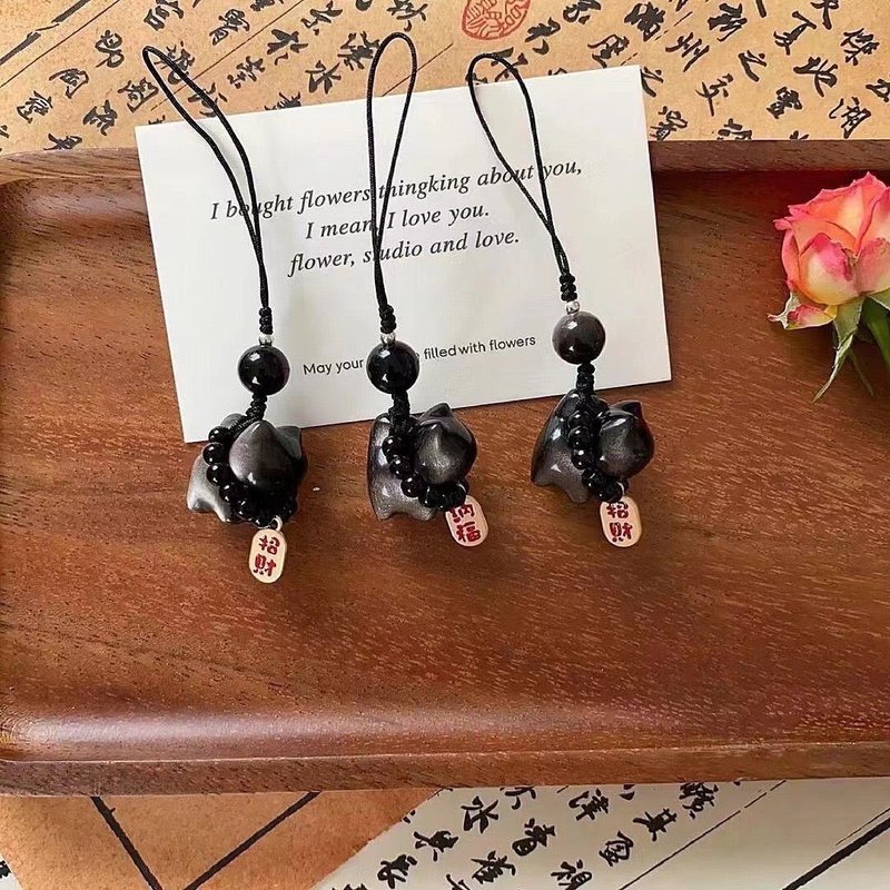 【Attract good luck and avoid evil】 Silver Stone cat pendant attracts wealth and protects against villains - Charms - Crystal Black