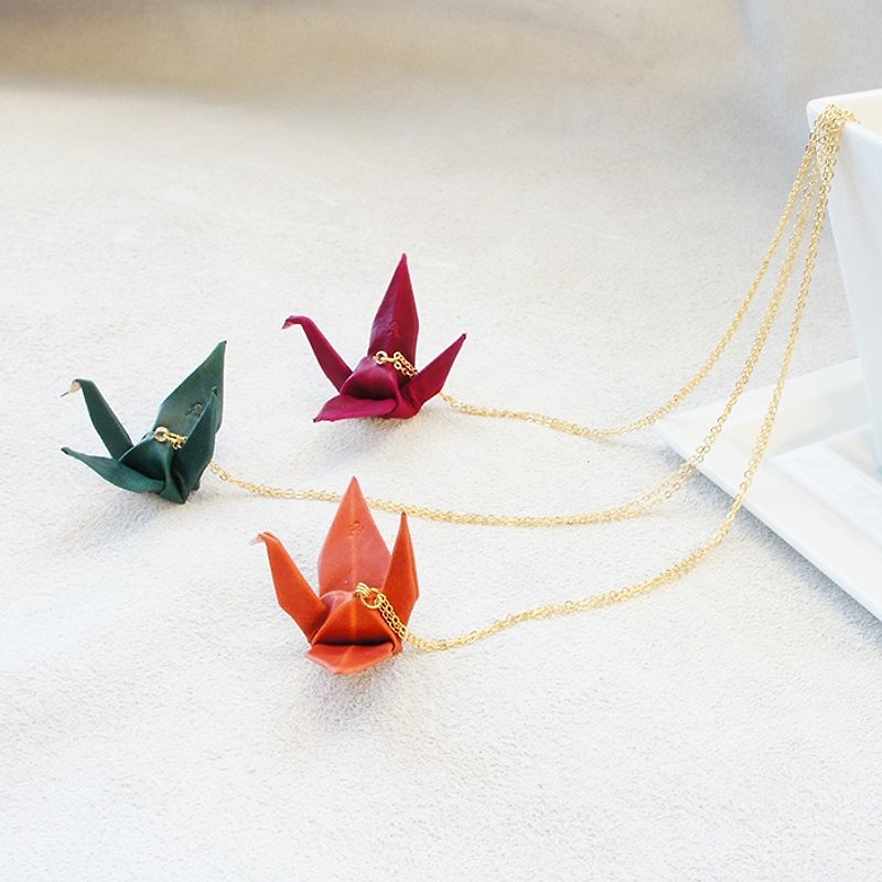 Origami Series - Leather Thousand Paper Crane Happiness Necklace - Total 8 Colors Customized - สร้อยคอ - หนังแท้ สีส้ม