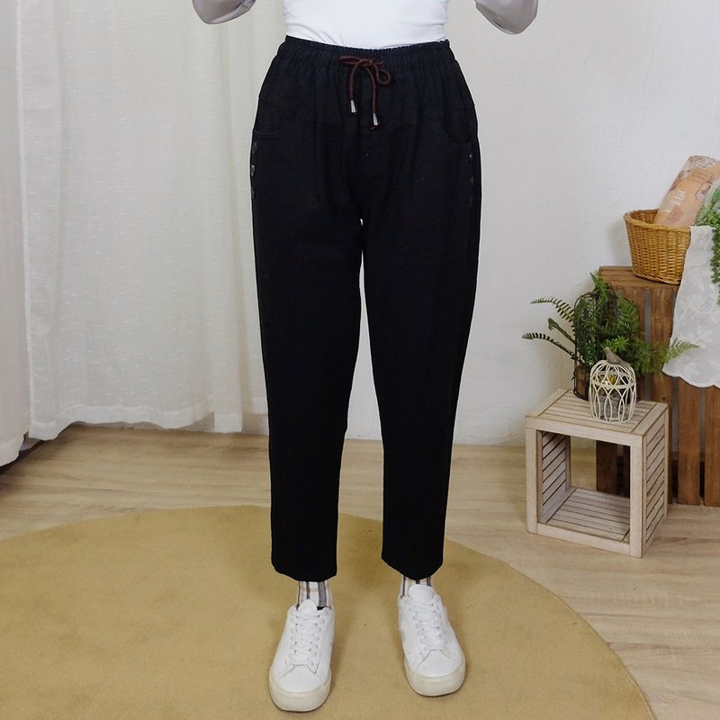 Hana Mokuba lace-up elasticated waist buttoned embellished brushed casual trousers - กางเกงขายาว - วัสดุอื่นๆ 