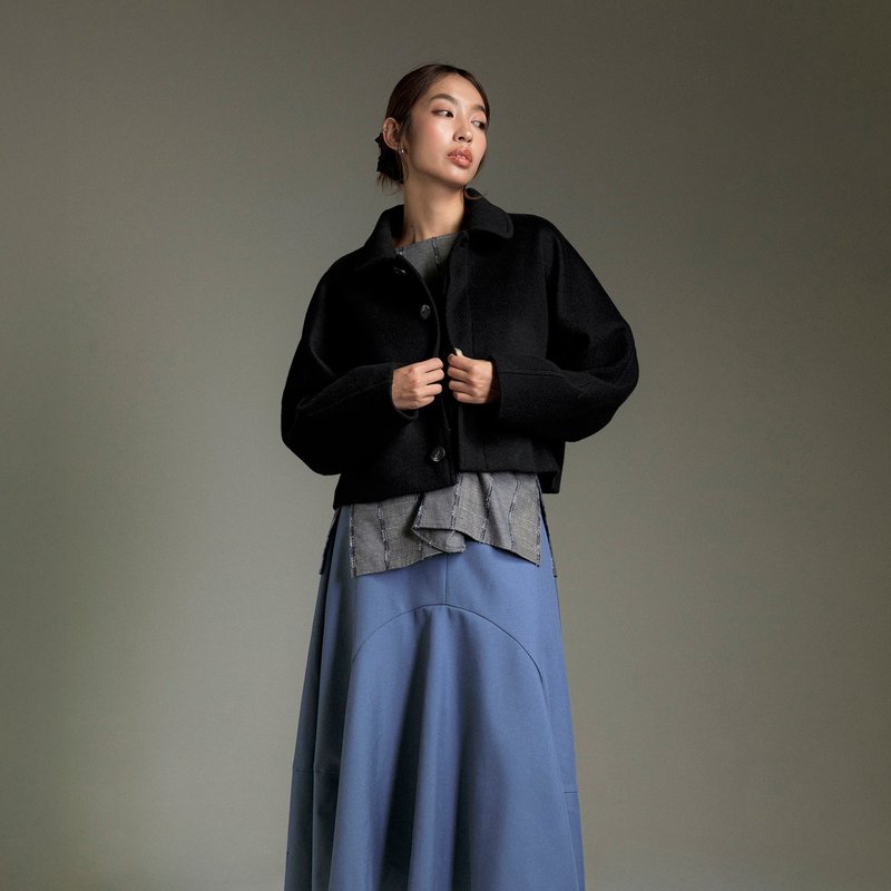 緩層圓領短版毛呢外套 - 女裝外套/大衣 - 其他材質 黑色