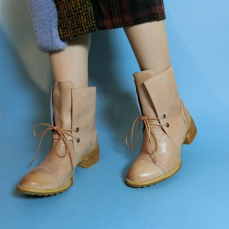 Thick heel leather cowboy boots | | Bremen winter is not plugged in khaki ||#8086 - รองเท้าบูทสั้นผู้หญิง - หนังแท้ สีนำ้ตาล