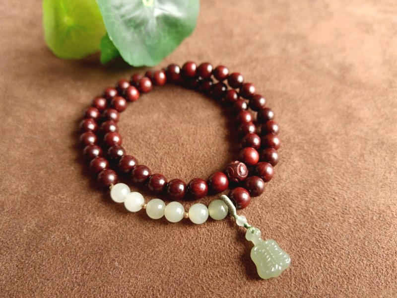 【Wanfeng】Natural lobular red sandalwood double circle Hetian jade banana fan bracelet - Bracelets - Wood 