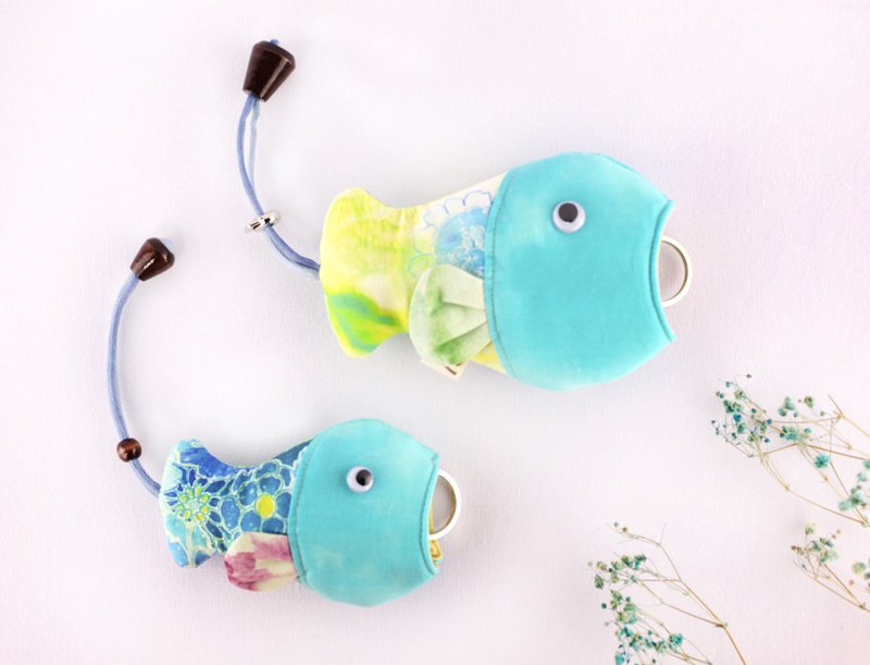 Bamboo bag key storage bag fish pendant hand-sewn Tiffany blue watercolor - ที่ห้อยกุญแจ - ผ้าฝ้าย/ผ้าลินิน หลากหลายสี