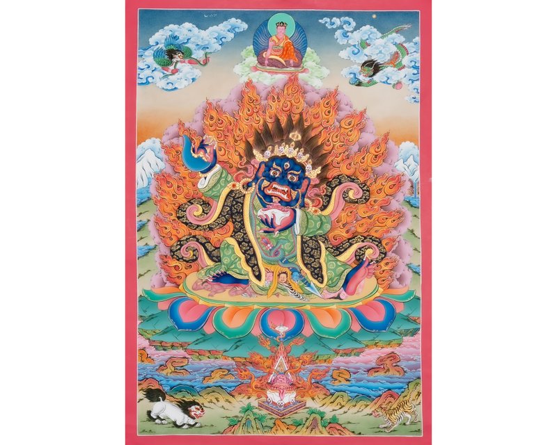 Mahakala 唐卡 象徵保護和權力 動態描繪 - 壁貼/牆壁裝飾 - 其他材質 多色