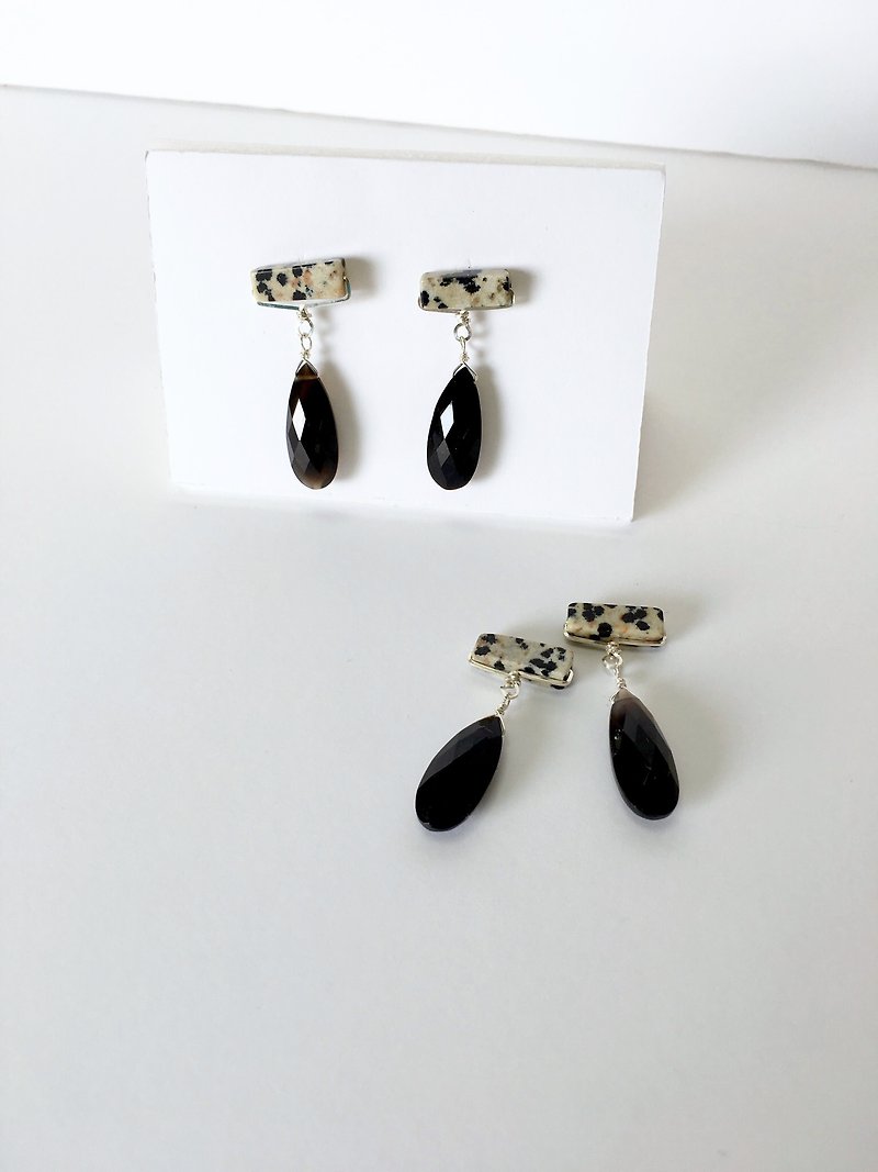 Dalmatian jasper and smoky quartz earring stud-earring or clip-earring - 耳環/耳夾 - 石頭 黑色
