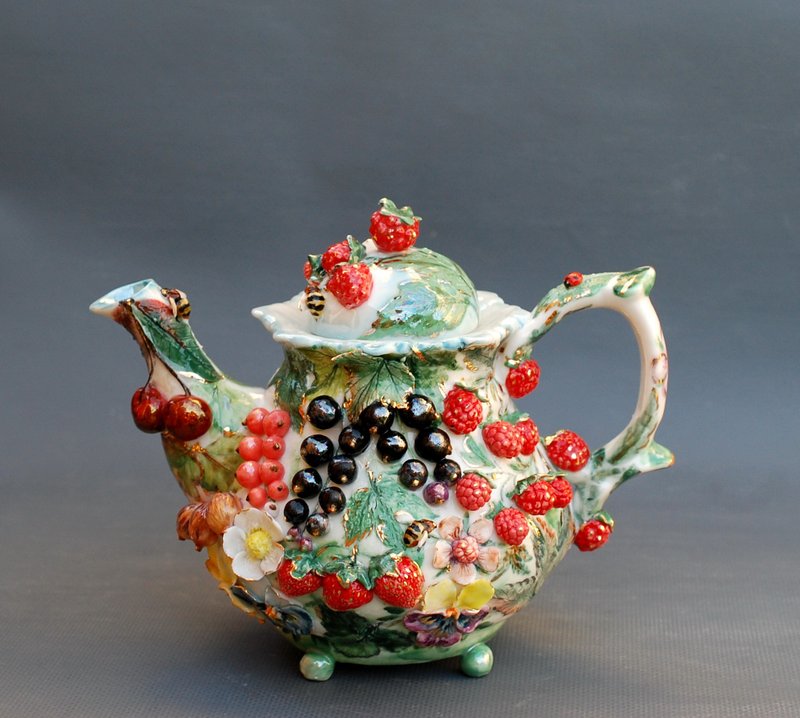 Art teapot Berries and flowers Handmade botanical porcelain teapot Cherry curran - Teapots & Teacups - Porcelain Multicolor