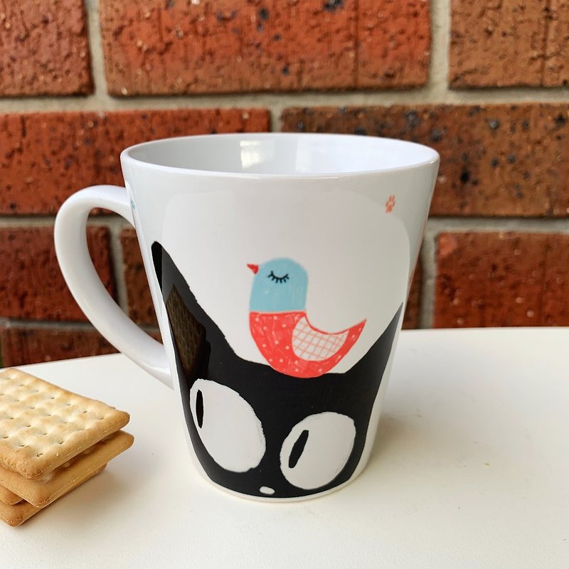 NEW Latte Mug - Cat and Bird - Stay Pawsitive - Mugs - Pottery Multicolor