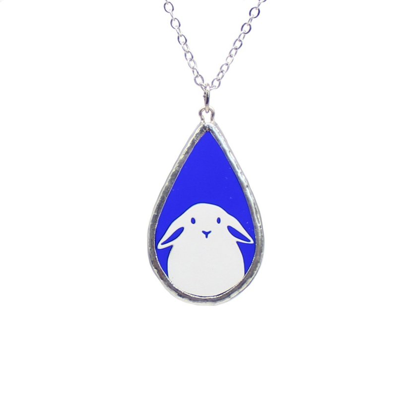 Stained glass necklace, Droplet Rabbit, Lop Ears / Blue - Necklaces - Glass Blue