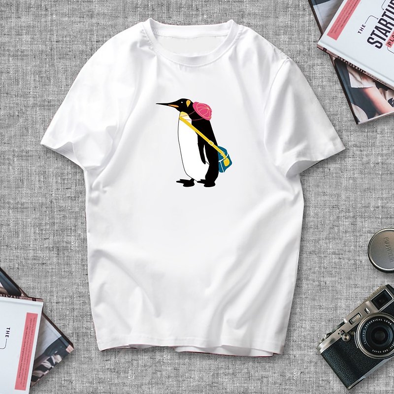 Short-sleeved T-shirt penguin school - เสื้อฮู้ด - ผ้าฝ้าย/ผ้าลินิน ขาว