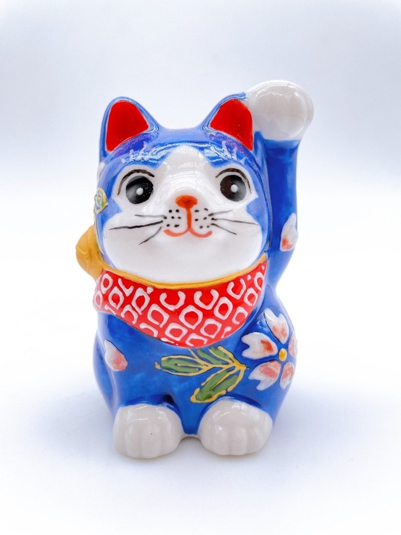 【紺櫻福緣】日本九谷燒招財貓 | 紺地花盛 - 擺飾/家飾品 - 瓷 藍色