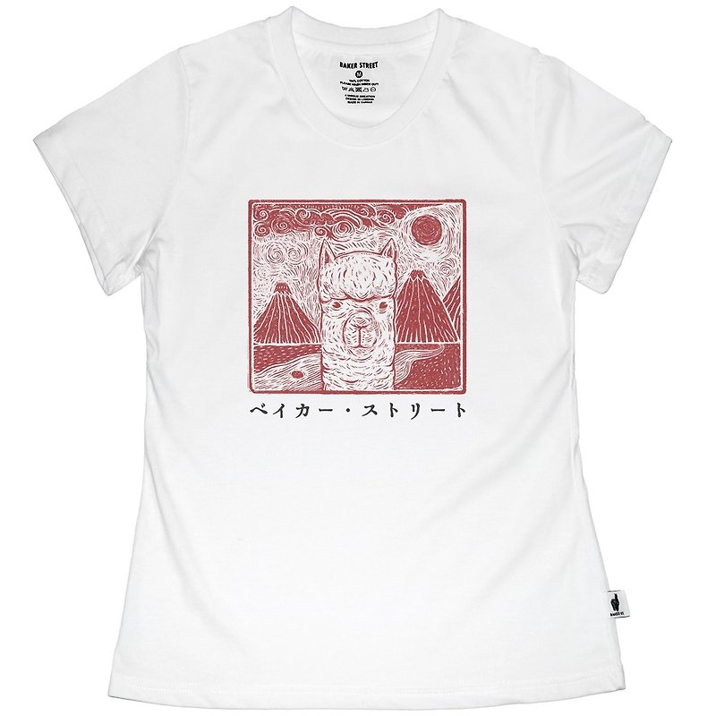 British Fashion Brand -Baker Street- Japanese Stamp Printed T-shirt - เสื้อยืดผู้หญิง - ผ้าฝ้าย/ผ้าลินิน ขาว