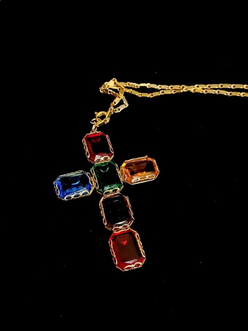 老時光製造所 vintage jewelry 古典彩色玻璃十字架 項鍊