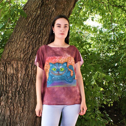 Enya Cotton tunic hand-painted Art loose clothing Plus size tunic with cat T-shirt