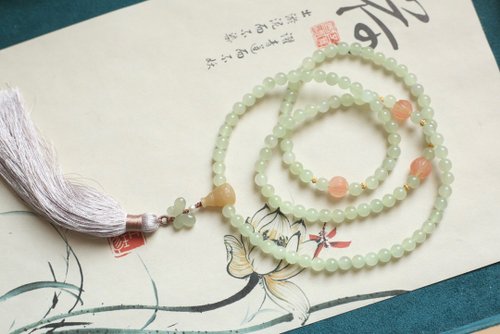 Angel's tears 天使之淚 Jewelry Design 天然和田玉 /和闐玉-晴水玉 和田玉貔貅三通南紅蓮花設計多圈手串