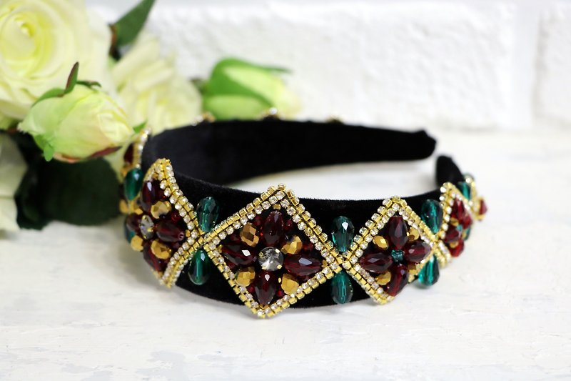Fashionable hair band with diamonds Handmade beaded h Crystals elegant diadem - Headbands - Glass Multicolor