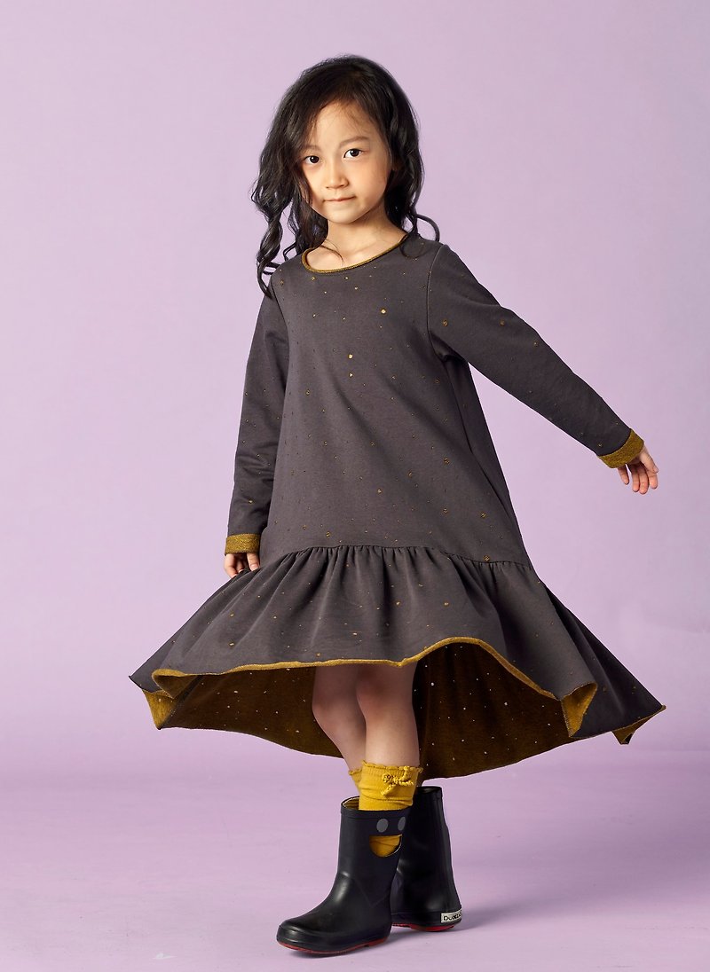 Ángeles-Little star two-tone long dress (pink/yellow/gray) - Kids' Dresses - Cotton & Hemp 